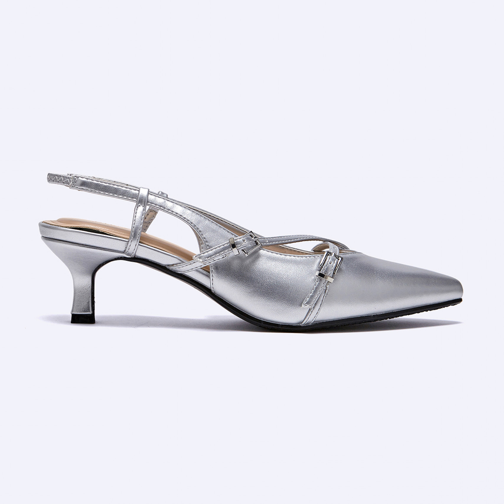 버클 스트랩 키튼 힐 슬링백 실버 5cm / FLPRFA1W04